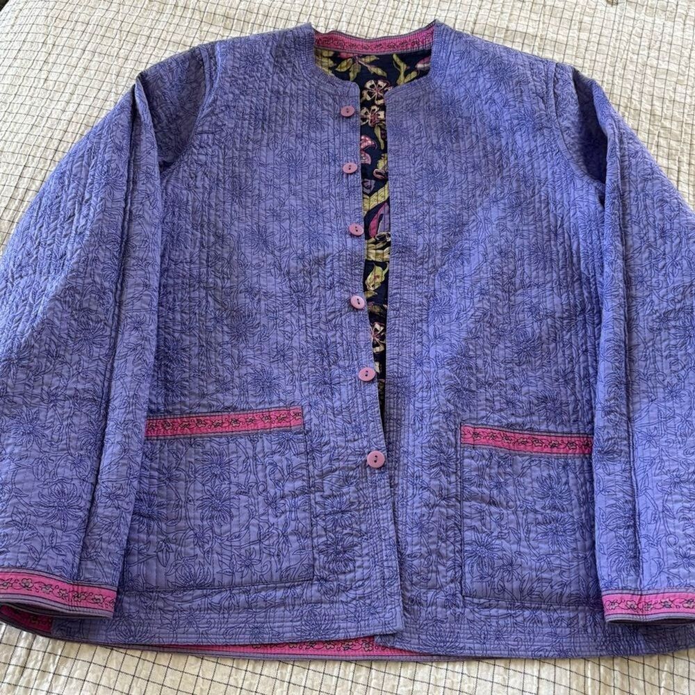 Reversible Women Floral Textured Quilted Jacket Size L Pockets Both Sides P2P 22 - Picture 4 of 12